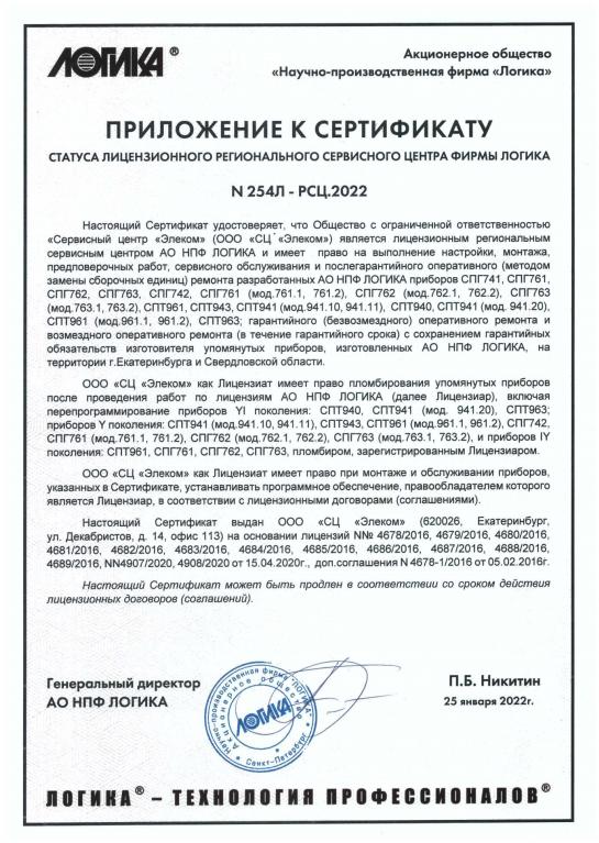 Приложение к сертификату СЦ ЛОГИКИ