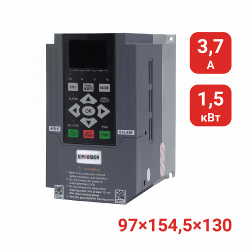 Вход 3 фазы, выход 3 фазы, мощность 1,5 кВт, вых. ток. 3,7 А AFD-E015.43B